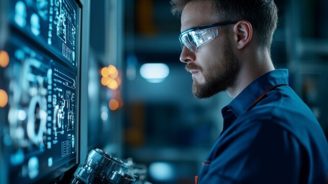 Profile of a Technician in Safety Glasses Interacting with Control Panel in a Modern Industrial Environment Focused on Technology and Innovation