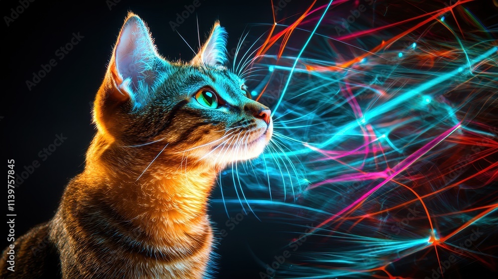 Poster cat with colorful light trails flowing around in dark background