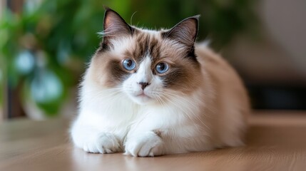 Fluffy cat with blue eyes lying on a wooden surface in a cozy indoor setting