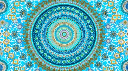 Colorful mandala design, circular pattern, teal, blue, green, beige