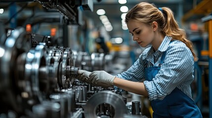 Focused Female Industrial Engineer Maintaining Machinery
