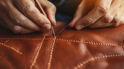 Skilled Artisan Hand Sewing Leather with Precision Craftsmanship on a Warm Toned Material, Showcasing the Beauty and Detail of Handmade Design Techniques