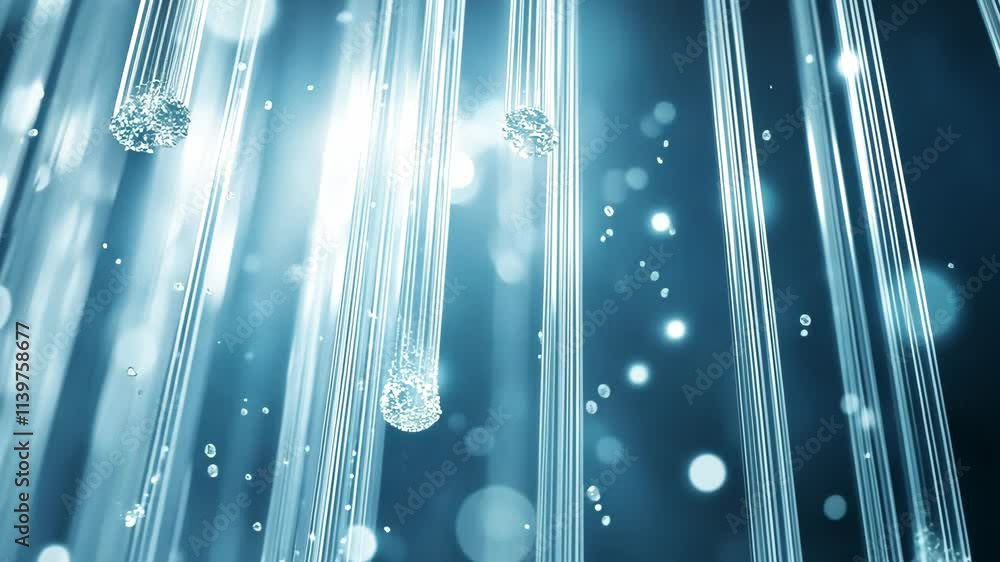 Poster sparkling water droplets cascade down thin strands, creating a mesmerizing visual display in soft bl