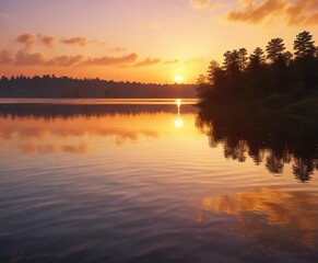 Sunset over a serene lake with abstract golden bokeh background, nature scene, abstract art, soft focus