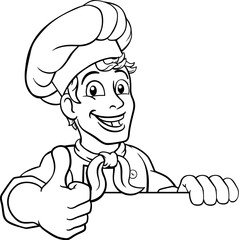 A chef cook or baker cartoon character mascot peeking over a sign and gving a thumbs up