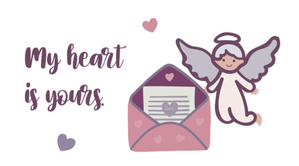 Set of letters with hearts with text. Angels, heart. Vintage symbol of love, Valentine's Day set. Isolated.