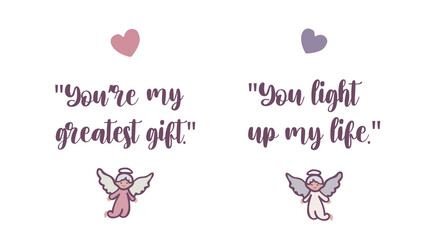 Set of letters with hearts with text. Angels, heart. Vintage symbol of love, Valentine's Day set. Isolated