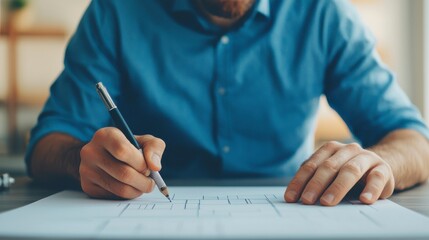 Focused Male Designer Sketching Creative Concepts on Paper with a Pen in a Bright Office Environment