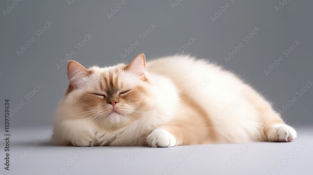 Poster cute fluffy cat resting with closed eyes on a soft surface in a serene environment