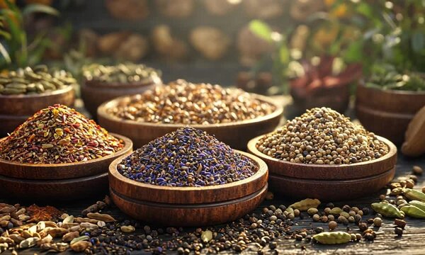 Aromatic Spices and Herbs in Wooden Bowls Displayed on Rustic Table