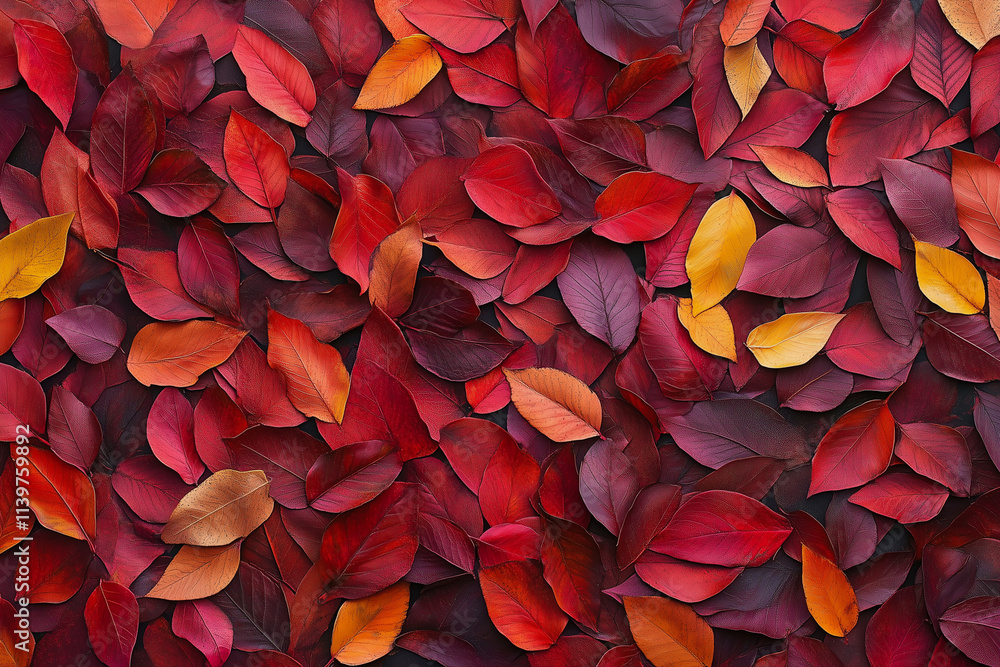 Poster close up of red leaves with some brown leaves mixed in. the leaves are arranged in a way that create