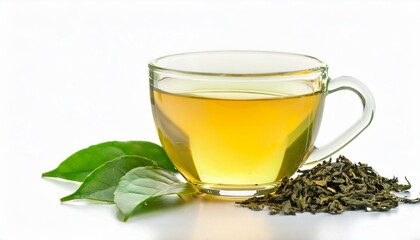 Aromatic tea in glass cup and green leaves isolated background. ai generated