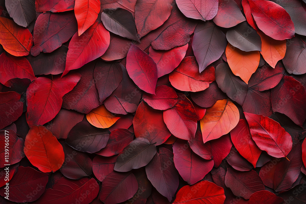Poster close up of red leaves with some brown leaves mixed in. the leaves are arranged in a way that create