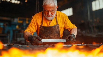 Experienced Male Blacksmith Working Diligently in Workshop Surrounded by Flames, Displaying Craftsmanship in Metal Forging with Intense Focus and Skillful Precision