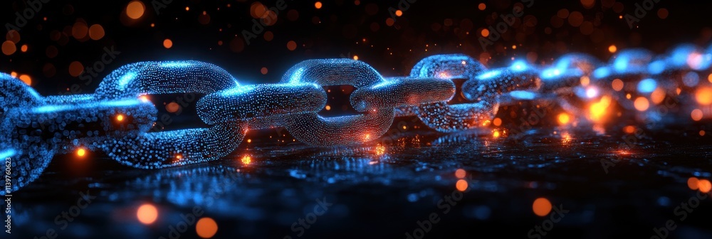 Poster digital chain with glowing particles.