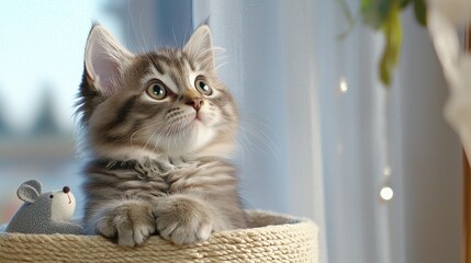 Adorable grey tabby kitten with bright eyes gazing thoughtfully from a cozy basket