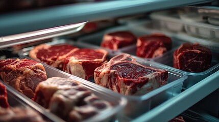 Raw beef steaks in clear plastic containers inside a refrigerator.