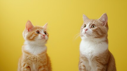 Two Cute Ginger Cats with White Paws Against a Bright Yellow Background