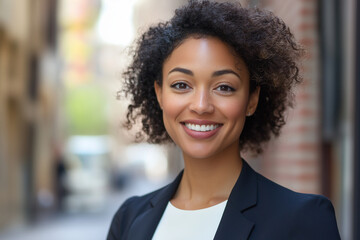 Obraz premium woman with curly hair is smiling and wearing a black suit. She is standing on a street corner