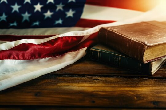 Vintage Books and American Flag in Warm Light for Patriotic Themed Designs