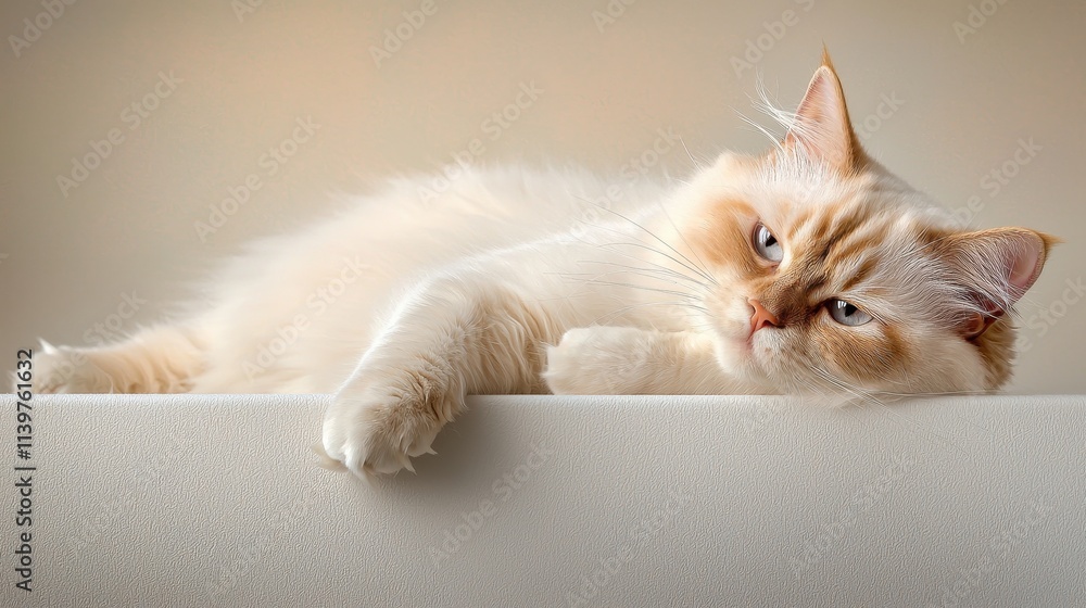 Poster relaxed cream and white cat lying on a light surface with calm expression