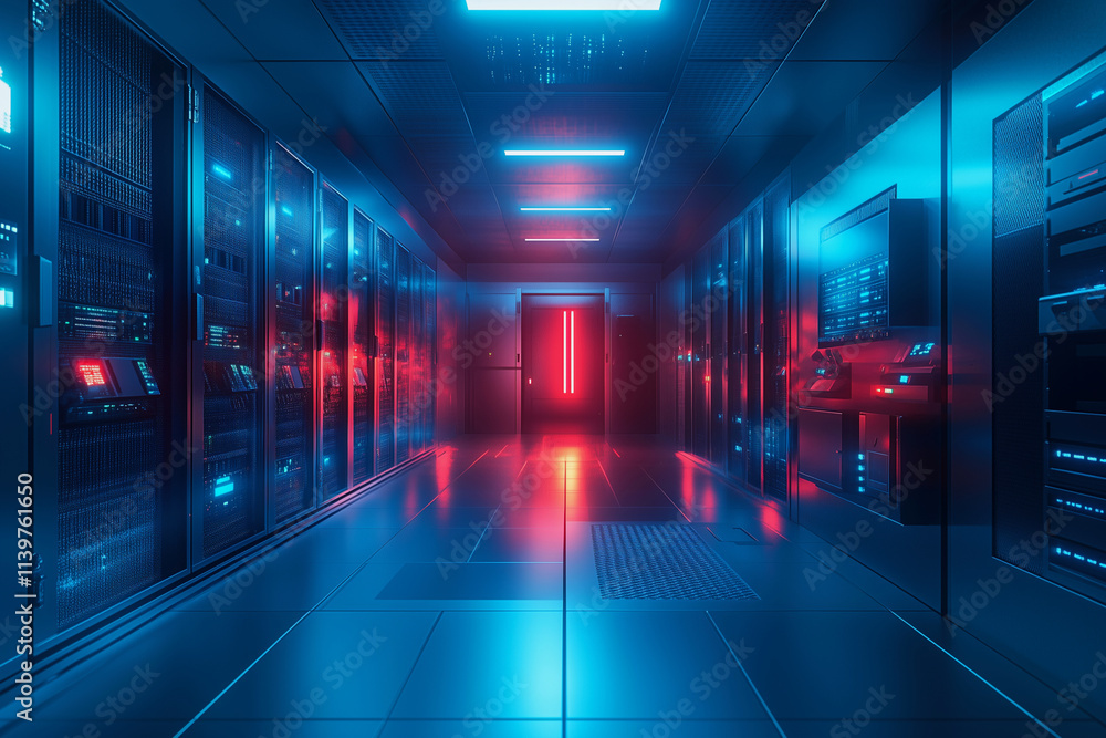 Poster computer room with neon lights and a red door. the room is filled with servers and computers