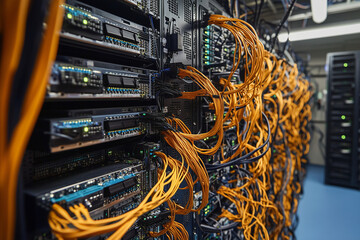 room full of computer cables and wires. The cables are yellow and blue. The room is very busy and cluttered