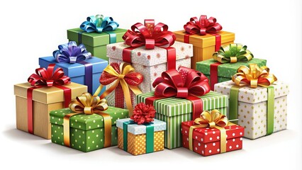 Realistic architectural clipart featuring Christmas gift boxes with ribbons on a white background, ideal for web design, marketing, holiday themes, and e-commerce promotions.