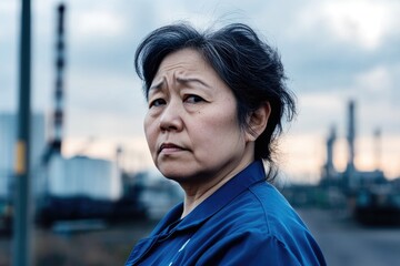 Fototapeta premium Thoughtful Middle-Aged Woman in Industrial Setting - Portrait Photography for Editorial Use