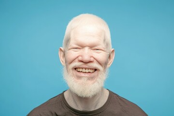 Minimalist Portrait Photography of Smiling Elderly Man with Albinism on Blue Background