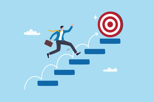 Step or progress to success and reach goal target, leadership to improve personal development, ladder or staircase to achieve goal, aspiration or career path, businessman run up stair to success.