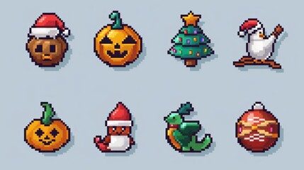 Design a set of pixel-style holiday icons, featuring symbols for Christmas, Halloween, Easter, and Valentine's Day. 