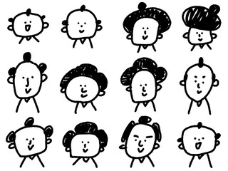 手描きの可愛い笑顔の江戸時代の人々セット　モノクロアイコン