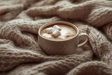 white mug of coffee with marshmallows on top sits on a blanket. The scene conveys a cozy and comfortable atmosphere, perfect for a relaxing morning or evening