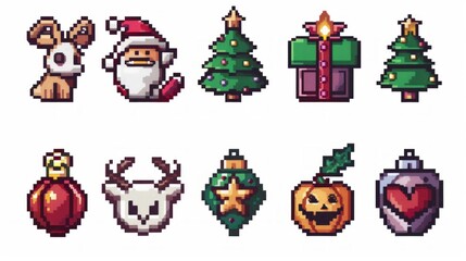 Design a set of pixel-style holiday icons, featuring symbols for Christmas, Halloween, Easter, and Valentine's Day. 