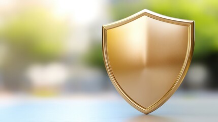 Golden shield on display, detailed closeup against blurred background 