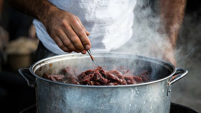 Cook preparing meat in large pot with steam rising alluringly