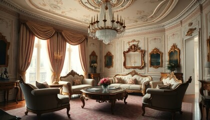 Rococo Style - Living Room Or Family Room Interior Design With An Rococo Concept - Luxury Hotel Room - Living Room with Many Ornaments - Interior Of Living Room with Sofa And Luxury Chandelier.