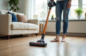 Woman using portable cordless vacuum cleaner in living room