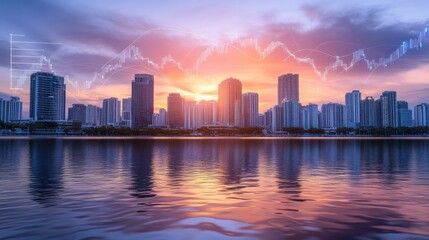 Fototapeta premium Urban skyline at sunset with financial data overlay and reflection