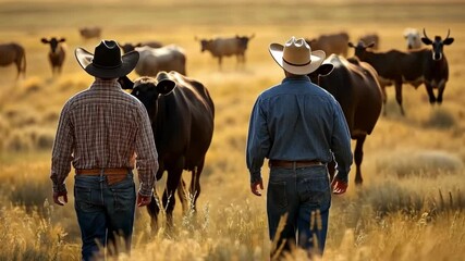 Two cowboys herding cattle in a sunny pasture during golden hour near a ranch
