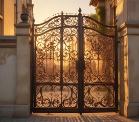 Ornate ironwork gate with rusty hues and a subtle patina in the soft golden glow of sunset, rusty, golden hour, worn