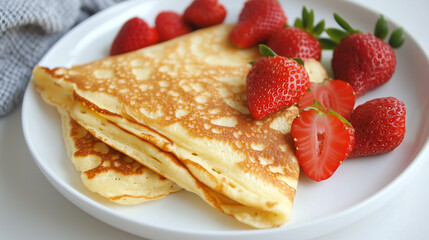 A plate of golden-brown pancakes folded and served with fresh strawberries on the side. The pancakes have a light, fluffy texture and are garnished with vibrant red strawberries, breakfast dish.