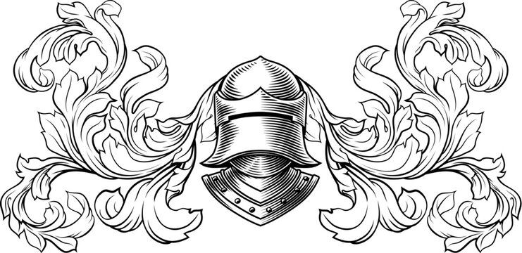 Coat of arms crest knight family medieval shield heraldry heraldic armorial motif. Featuring a knights helm helmet in a vintage etching engraving woodcut style