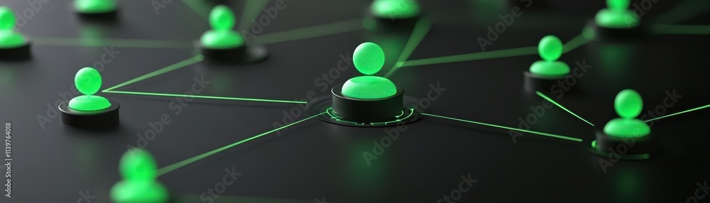 Poster luminous green network, exploring interconnected lights, data flow and digital connections in a stri