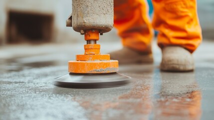 Worker Using Concrete Grinder on Floor with Orange Protective Suit in Construction Site, Blurring Motion Effect Highlighting Surface Preparation Process
