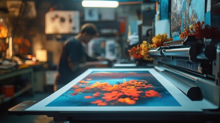 Vibrant orange flowers on a deep blue backdrop, being printed on large format printer. Illustrates high-quality art printing, perfect for design, technology, and artistic concepts.