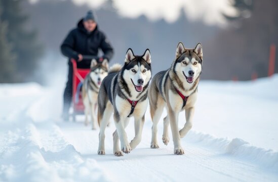 Riding husky dogs sledge in snow winter forest
