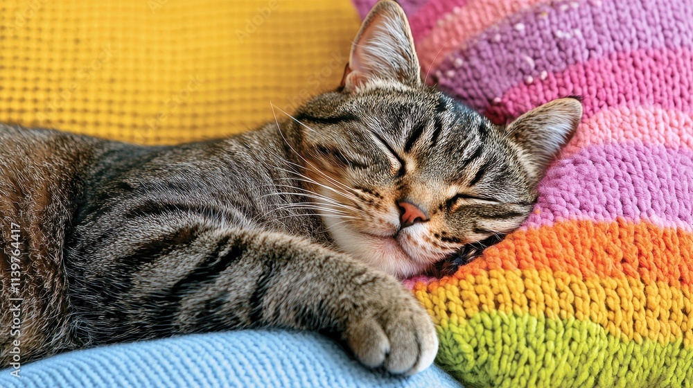 Poster relaxing tabby cat napping on a colorful couch with soft textiles and cushions