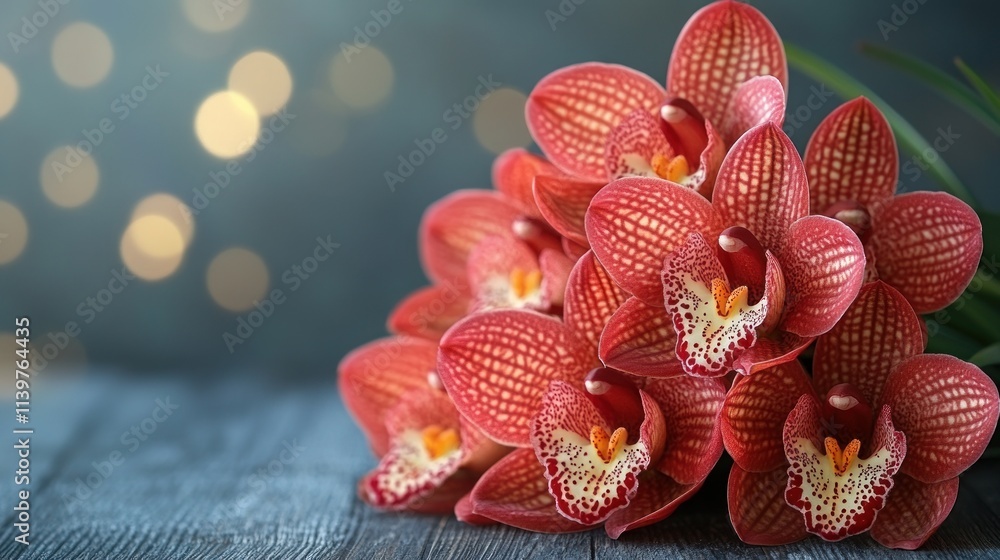 Poster a close-up of vibrant red orchids set against a blurred background with soft bokeh lights.